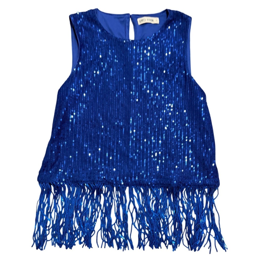Royal Blue Sequin Fringe Tank Top Grace Karin Womens Sleeveless Size S